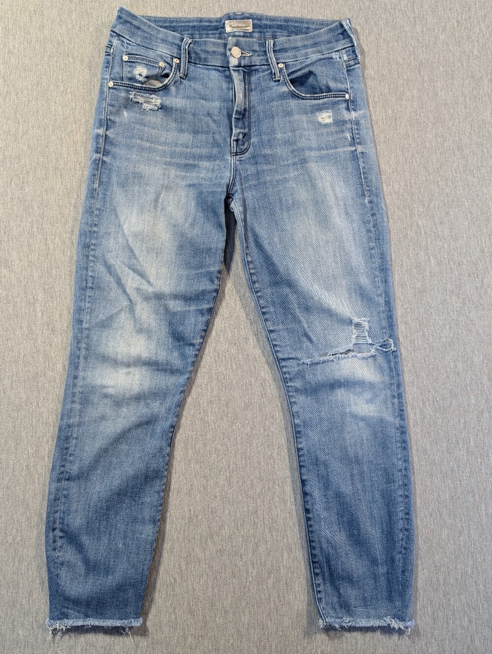 Mother The Looker Jeans Women's 26 Faded Distressed Blue Graffiti Girl Raw Hem